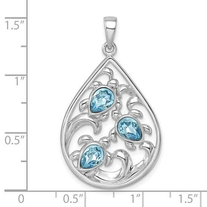 Sterling Silver Rhodium-plated Triple Crystal Turtle Ocean Wave Pendant