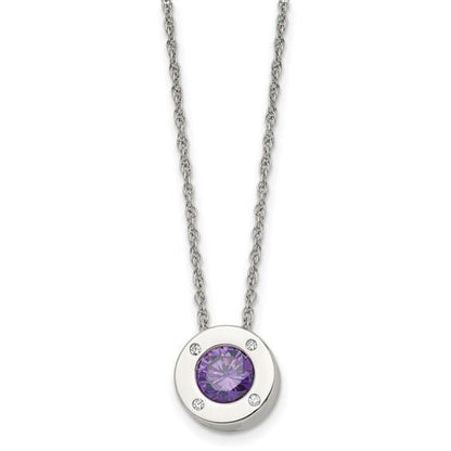 Birthstone Stainless Steel Necklace Purple Crystal Pendant & Chain 20" Silver