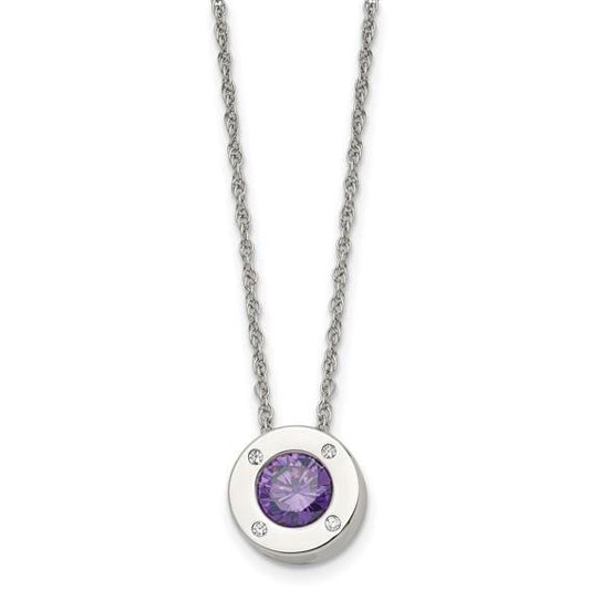 Birthstone Stainless Steel Necklace Purple Crystal Pendant & Chain 20" Silver