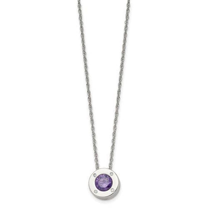 Birthstone Stainless Steel Necklace Purple Crystal Pendant & Chain 20" Silver
