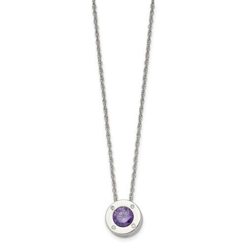 Birthstone Stainless Steel Necklace Purple Crystal Pendant & Chain 20" Silver