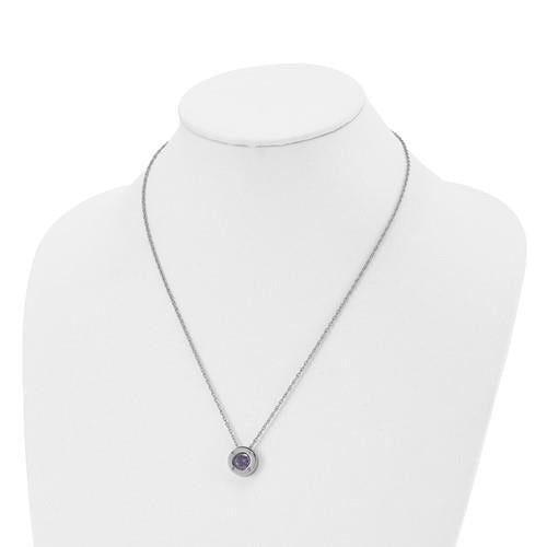 Birthstone Stainless Steel Necklace Purple Crystal Pendant & Chain 20" Silver