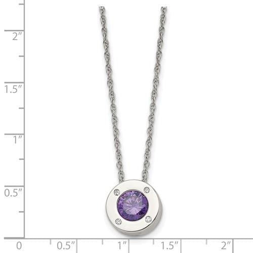 Birthstone Stainless Steel Necklace Purple Crystal Pendant & Chain 20" Silver