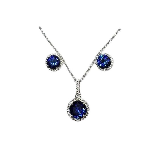 Sterling Silver Lab Grown Blue Sapphire & Diamond Halo Pendant Necklace 18" & Stud Earrings