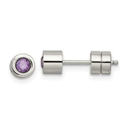 Chisel Purple CZ February Birthstone Post Earrings Stainless Steel Polished