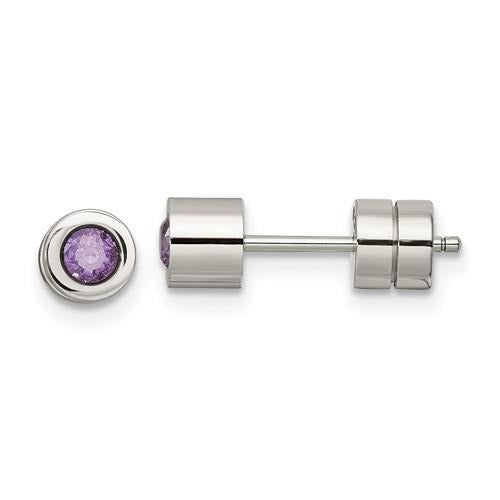 Chisel Purple CZ February Birthstone Post Earrings Stainless Steel Polished