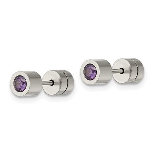 Chisel Purple CZ February Birthstone Post Earrings Stainless Steel Polished
