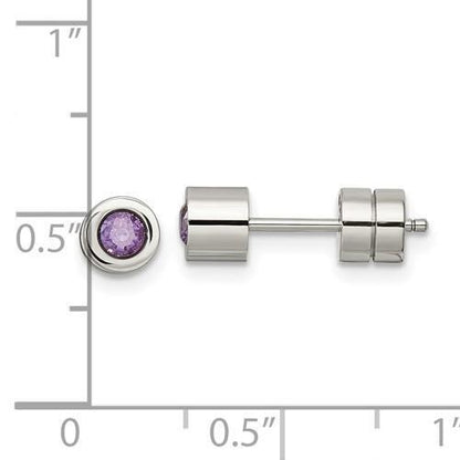 Chisel Purple CZ February Birthstone Post Earrings Stainless Steel Polished