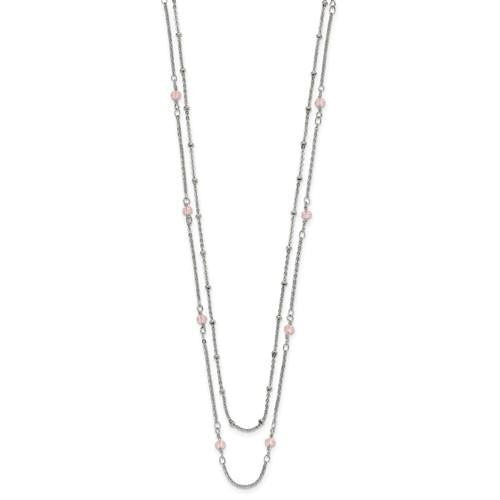 Chisel Polished Stainless Steel 2-Strand Beaded Necklace With Pink Crystals 16+1 Inch Adjustable Chain