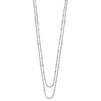 Chisel Polished Stainless Steel 2-Strand Beaded Necklace With Pink Crystals 16+1 Inch Adjustable Chain