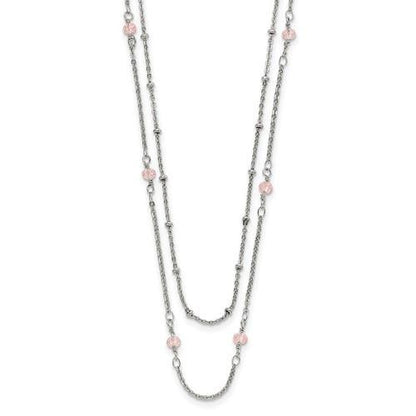 Chisel Polished Stainless Steel 2-Strand Beaded Necklace With Pink Crystals 16+1 Inch Adjustable Chain
