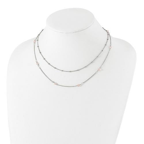 Chisel Polished Stainless Steel 2-Strand Beaded Necklace With Pink Crystals 16+1 Inch Adjustable Chain