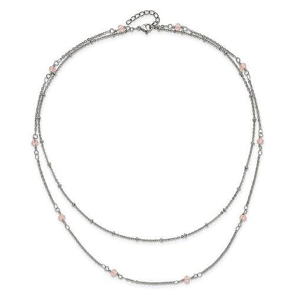Chisel Polished Stainless Steel 2-Strand Beaded Necklace With Pink Crystals 16+1 Inch Adjustable Chain