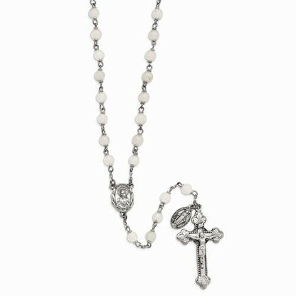 White Jade Rosary Necklace Crucifix & Beads 21"
