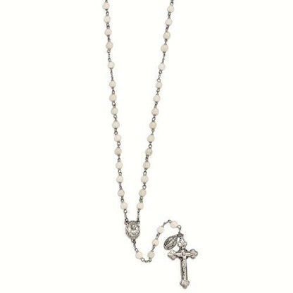 White Jade Rosary Necklace Crucifix & Beads 21"