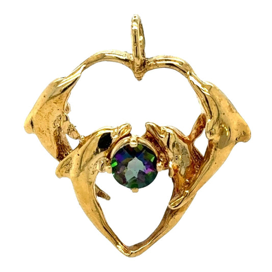 Mystic Topaz Dolphin Heart Pendant 14k Yellow Gold 6.7g