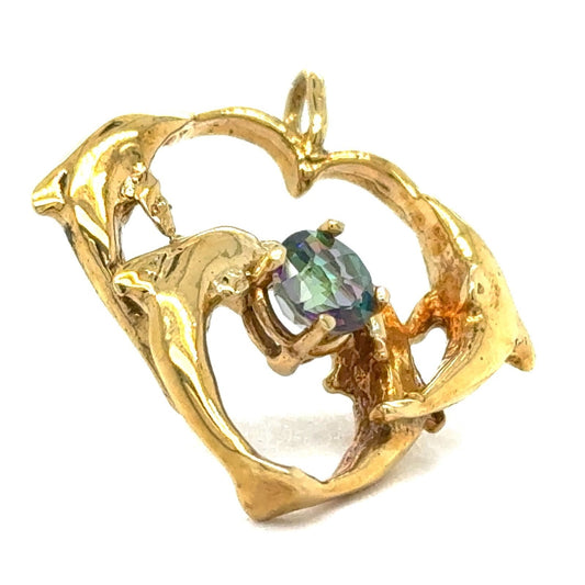 Mystic Topaz Dolphin Heart Pendant 14k Yellow Gold 6.7g