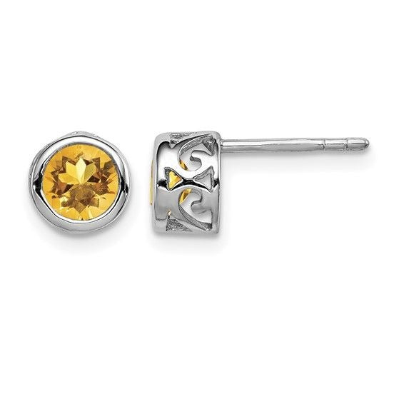 November Birthstone Sterling Silver  Citrine Round Earrings