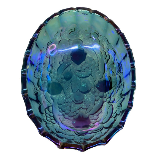 Vintage 12 inch Indiana Glass Harvest Grape Blue Carnival Glass Oval Bowl