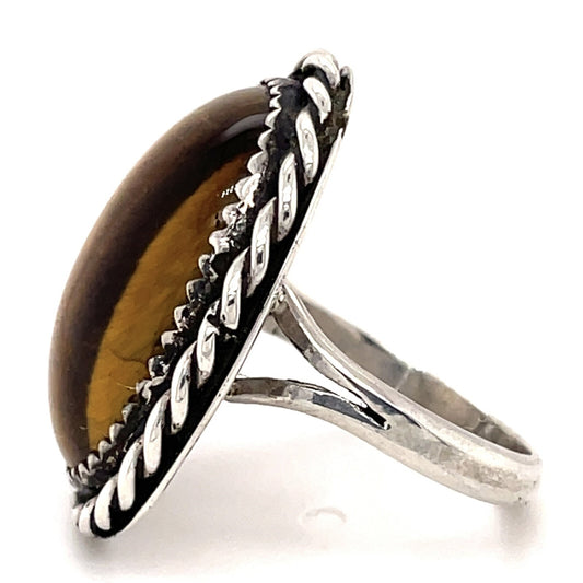 Tigers Eye Oval Sterling Silver 925 Handcrafted Cocktail Ring Size 4.5