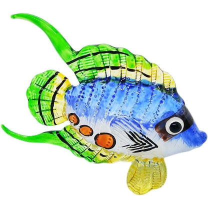 Hand Blown Glass Fish Figurine Blue Green 3.5" Orange Dots Decorative Collectible