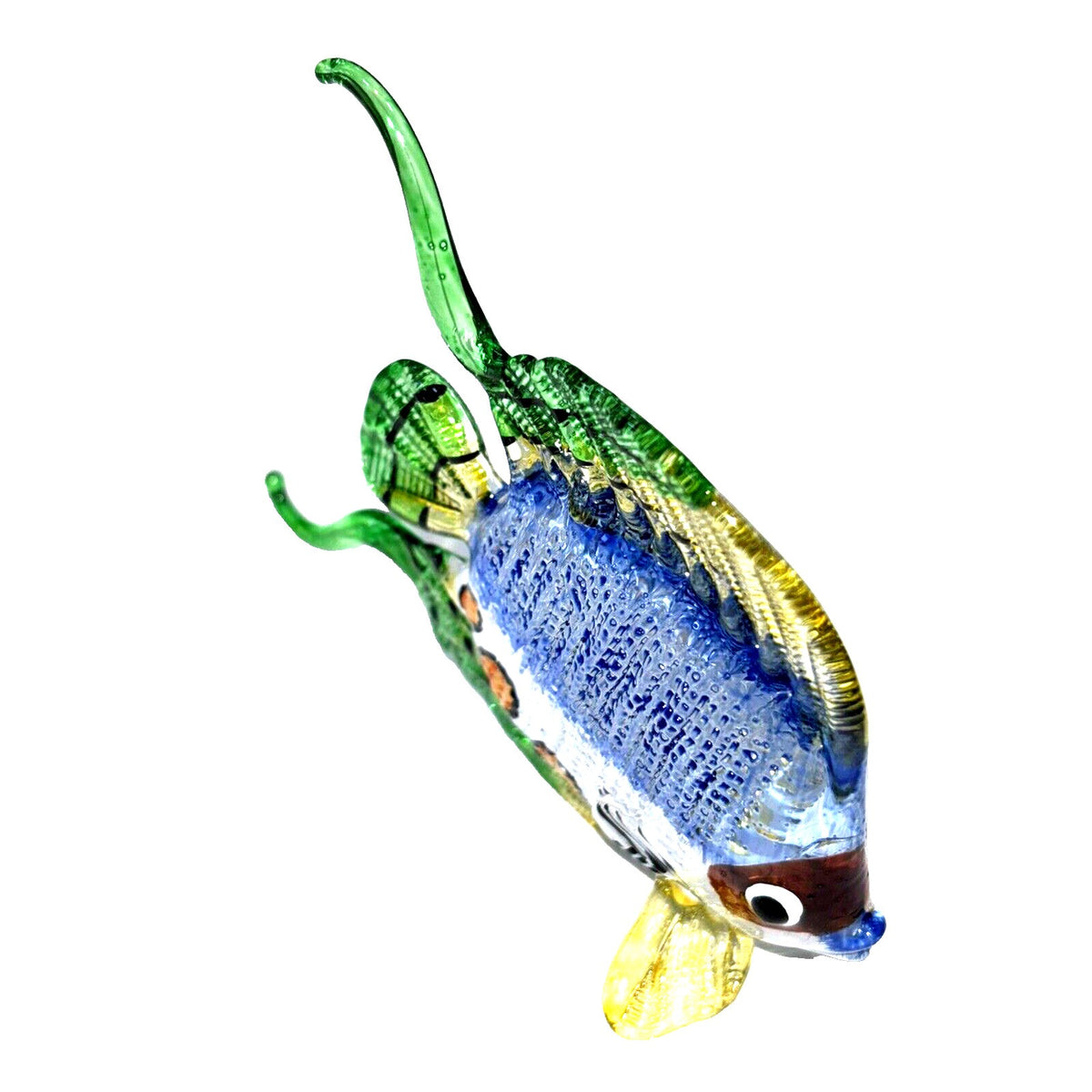 Hand Blown Glass Fish Figurine Blue Green 3.5" Orange Dots Decorative Collectible