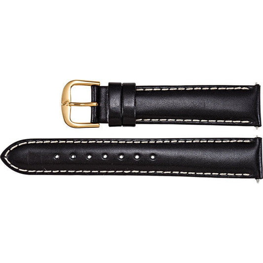 Mens 24 mm Long Black Leather Glazed Finish Padded Watch Strap Band