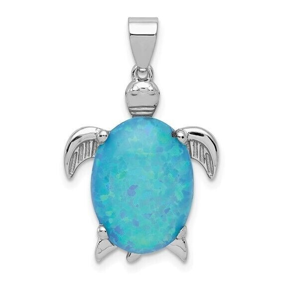 Sterling Silver Rhodium-Plated Created Opal Inlay Sea Turtle Pendant