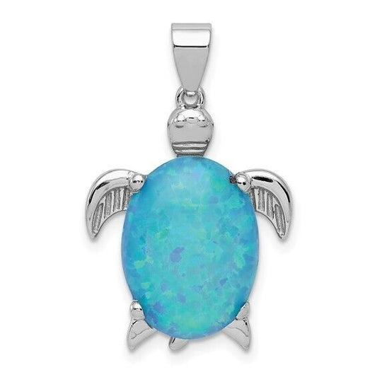 Sterling Silver Rhodium-Plated Created Opal Inlay Sea Turtle Pendant