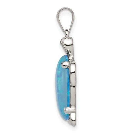 Sterling Silver Rhodium-Plated Created Opal Inlay Sea Turtle Pendant