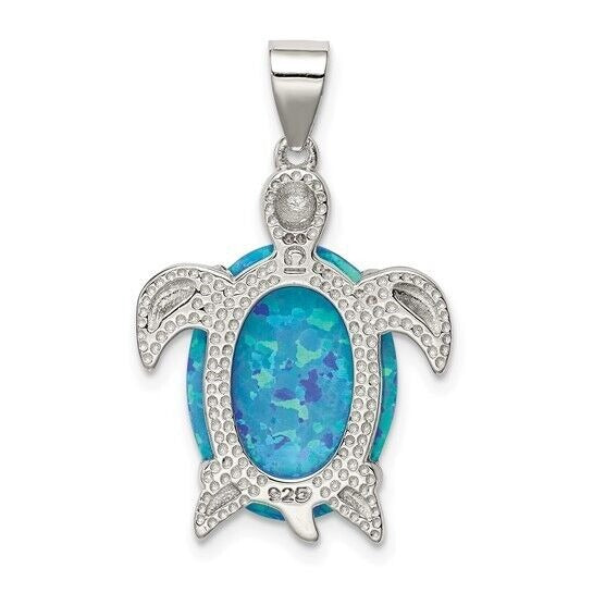 Sterling Silver Rhodium-Plated Created Opal Inlay Sea Turtle Pendant