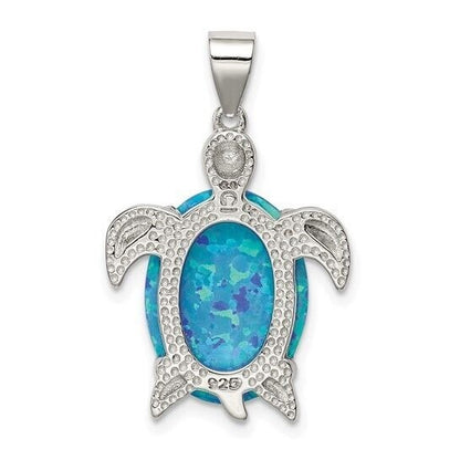 Sterling Silver Rhodium-Plated Created Opal Inlay Sea Turtle Pendant