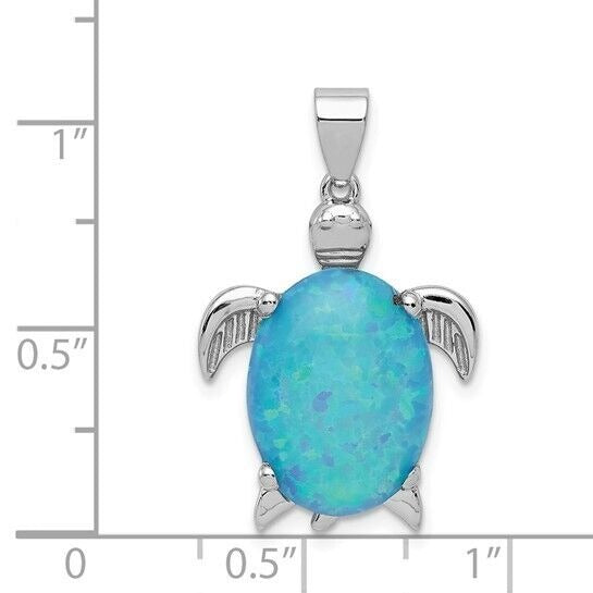Sterling Silver Rhodium-Plated Created Opal Inlay Sea Turtle Pendant