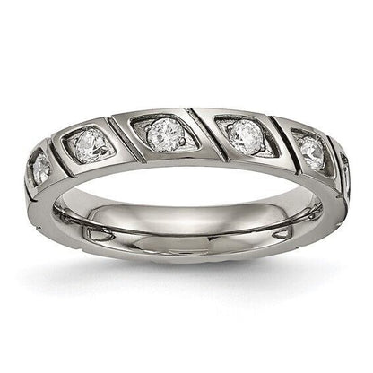 Chisel Titanium Polished Cubic Zirconia Grooved Wedding Band Ring Size 8.5