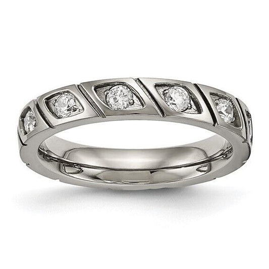 Chisel Titanium Polished Cubic Zirconia Grooved Wedding Band Ring Size 8.5