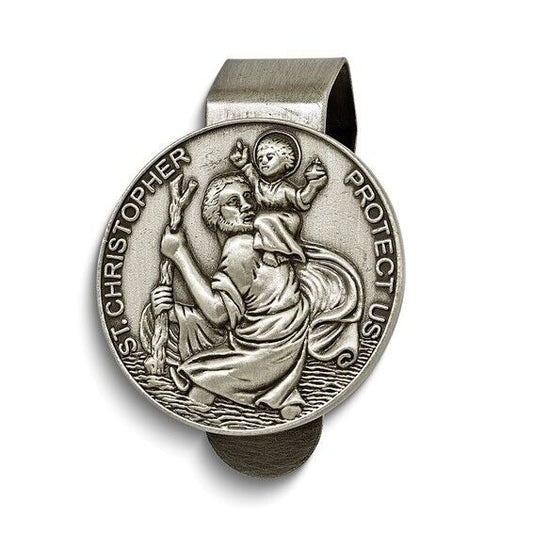 Pewter ST. CHRISTOPHER PROTECT US Visor Clip Perfect Religious Gift