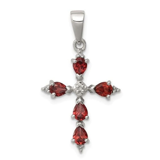 Sterling Silver 925 Pear Garnet Cross Pendant