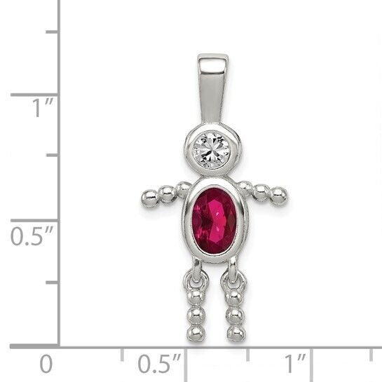 Sterling Silver Rhodium-plated CZ and Birthstone Red July Glass Boy Pendant