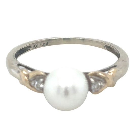 Pearl &  Diamond 14k Two-Tone Gold Size 6.25 Ring 1.8g