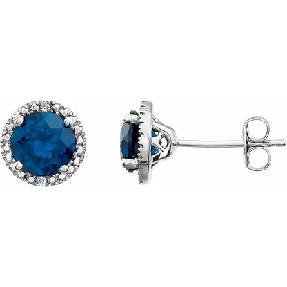 Blue Sapphire Diamond Halo Sterling Silver Stud Earrings 6mm