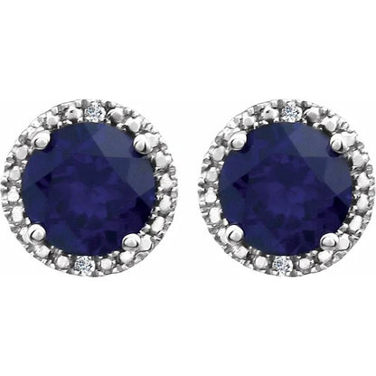 Blue Sapphire Diamond Halo Sterling Silver Stud Earrings 6mm