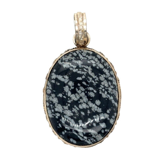 Vintage .925 Sterling Silver Snowflake Obsidian Oval Pendant 1.9 Inches Long 10.8g