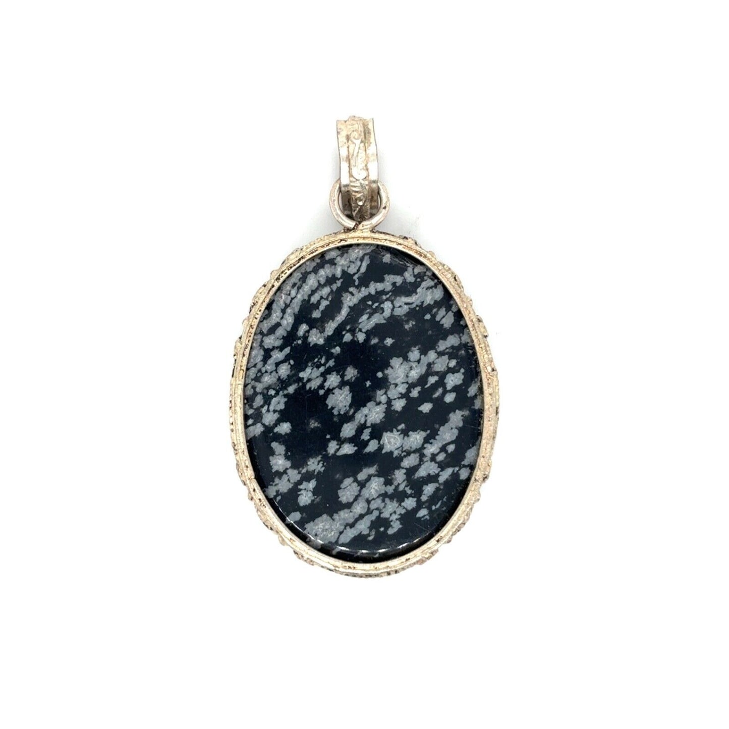 Vintage .925 Sterling Silver Snowflake Obsidian Oval Pendant 1.9 Inches Long 10.8g