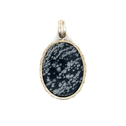 Vintage .925 Sterling Silver Snowflake Obsidian Oval Pendant 1.9 Inches Long 10.8g