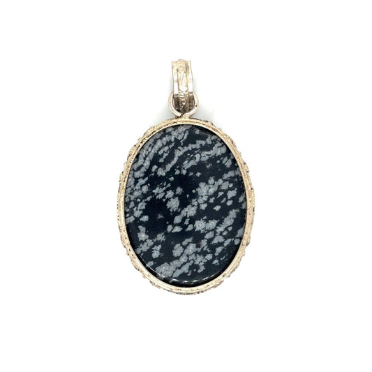 Vintage .925 Sterling Silver Snowflake Obsidian Oval Pendant 1.9 Inches Long 10.8g