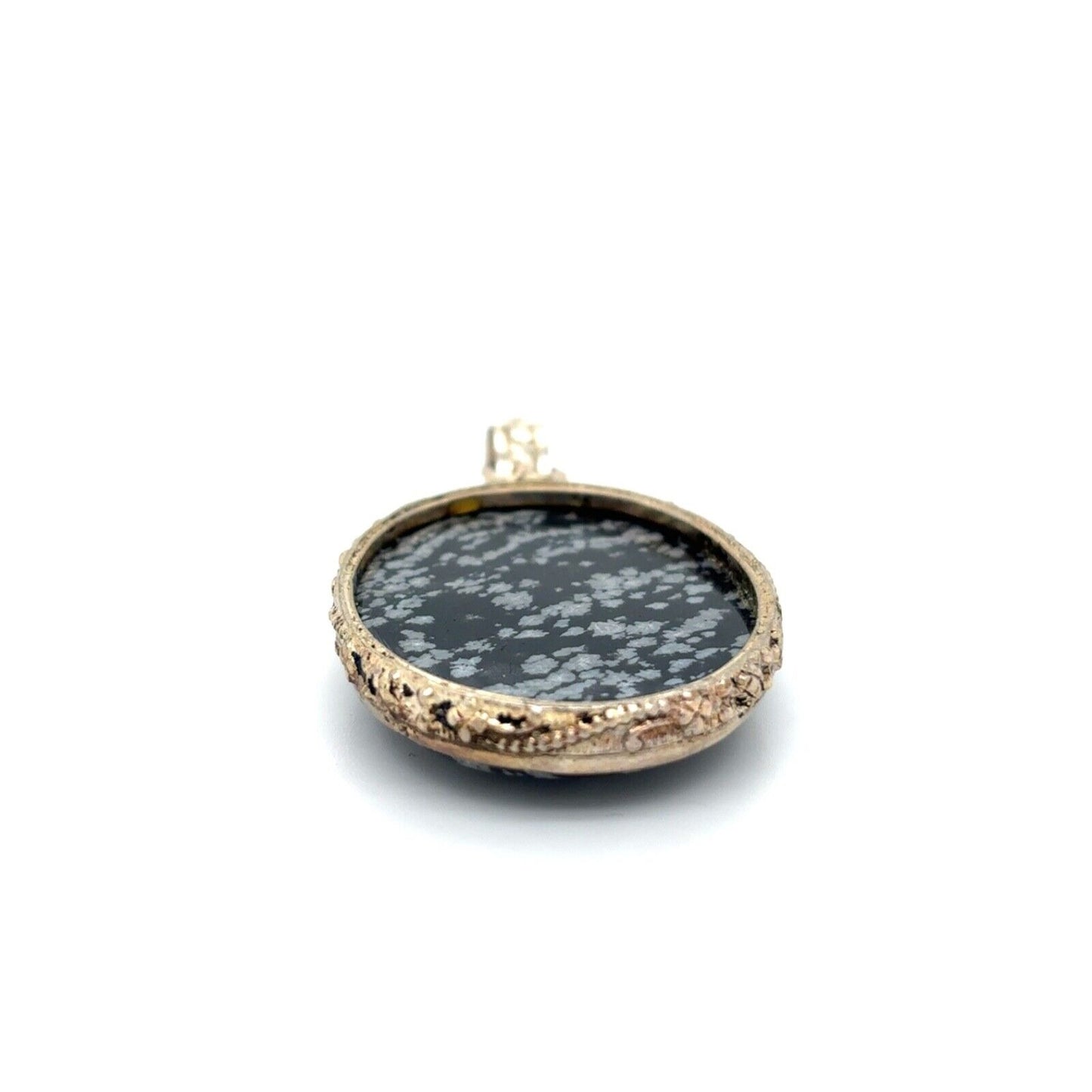 Vintage .925 Sterling Silver Snowflake Obsidian Oval Pendant 1.9 Inches Long 10.8g