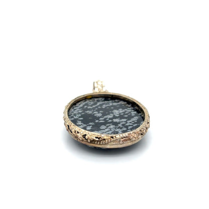 Vintage .925 Sterling Silver Snowflake Obsidian Oval Pendant 1.9 Inches Long 10.8g