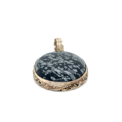 Vintage .925 Sterling Silver Snowflake Obsidian Oval Pendant 1.9 Inches Long 10.8g
