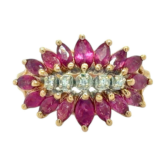 Ruby & Diamond Cluster 10k Yellow Gold Ring 4.2g Size 7.25