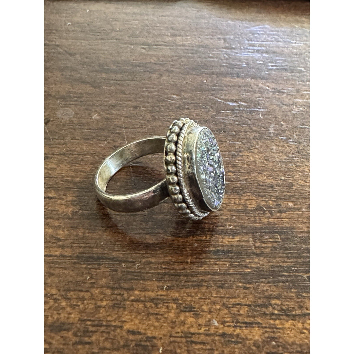.925 Sterling Silver Druzy Quartz Ring Size 6.75